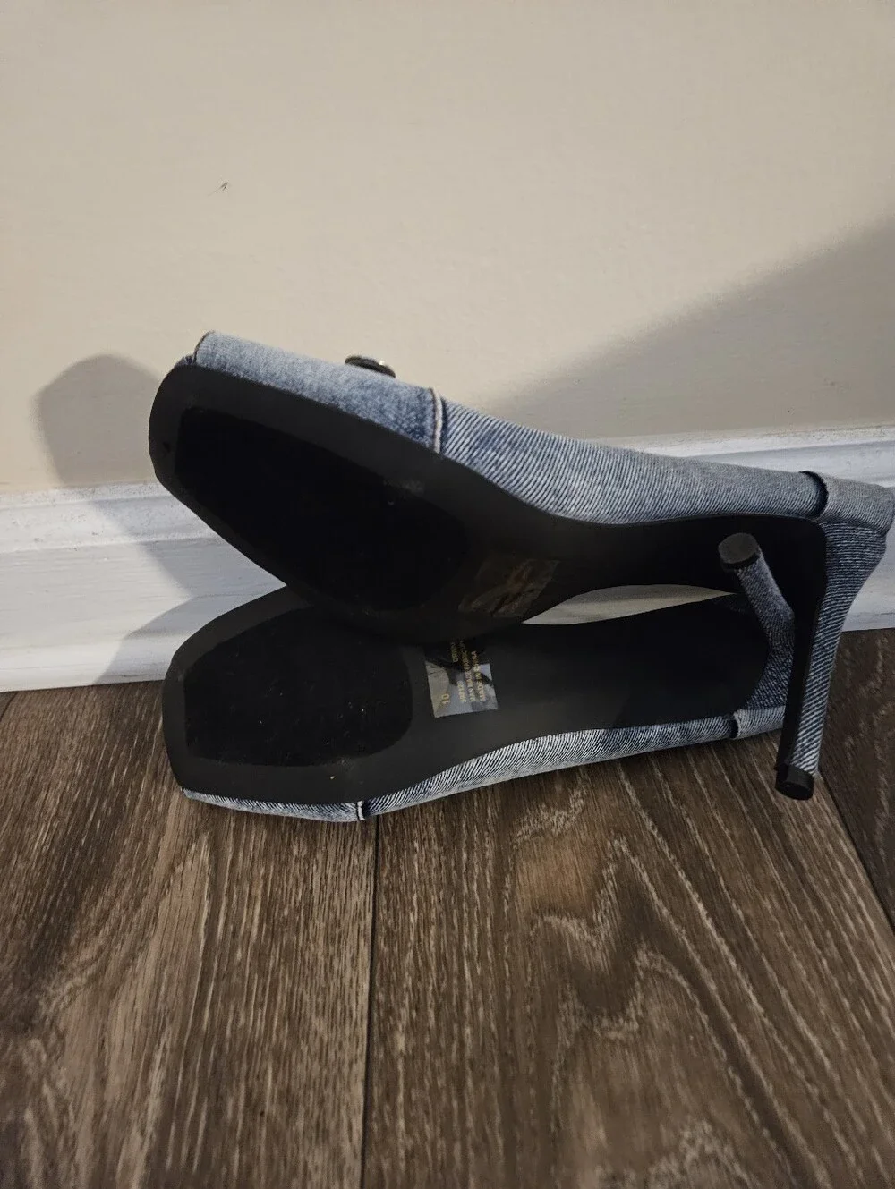 Fashion Nova Denim Button Peep-Toe Heels - Blue, Size 10